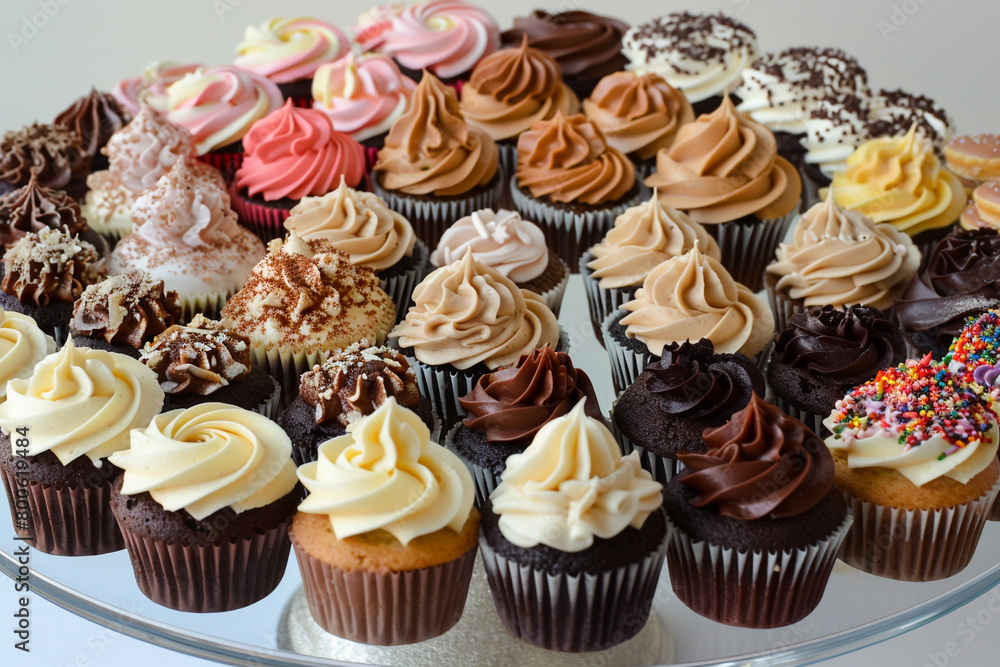 An assortment of delicious cupcakes arranged on a platter. An assortment of delicious cupcakes arranged on a platter.