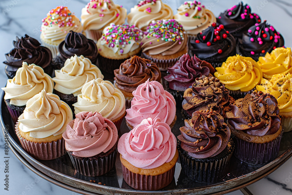 An assortment of delicious cupcakes arranged on a platter. An assortment of delicious cupcakes arranged on a platter.
