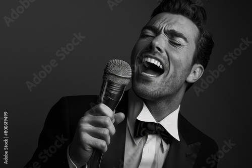 A man in a suit singing into a microphone