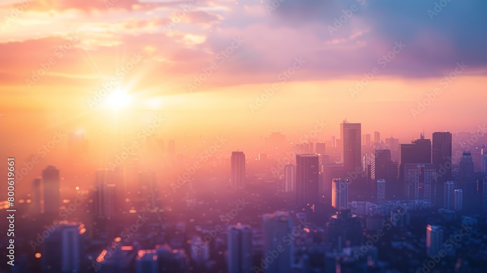 A city skyline with a beautiful sunset in the background. The sky is filled with clouds and the sun is setting, creating a warm and peaceful atmosphere