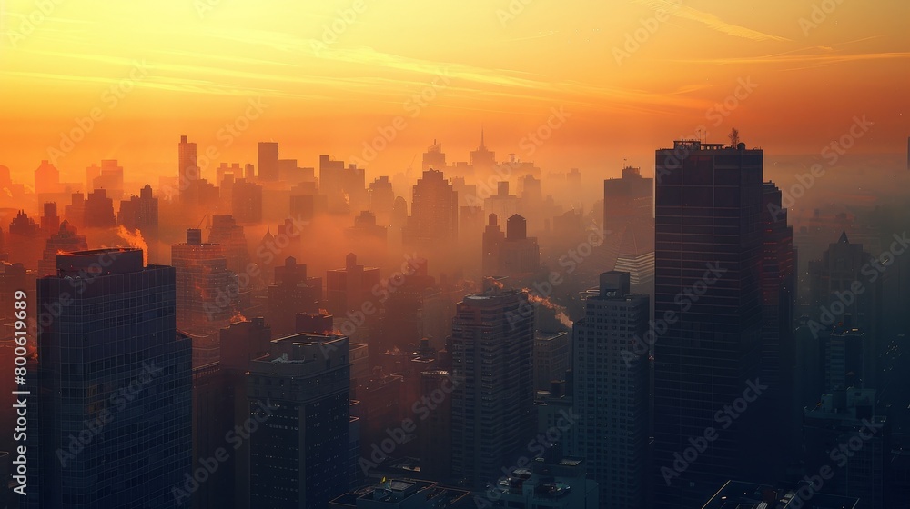 The city skyline is lit up at night, with the sun setting in the background. The buildings are tall and the city is bustling with activity