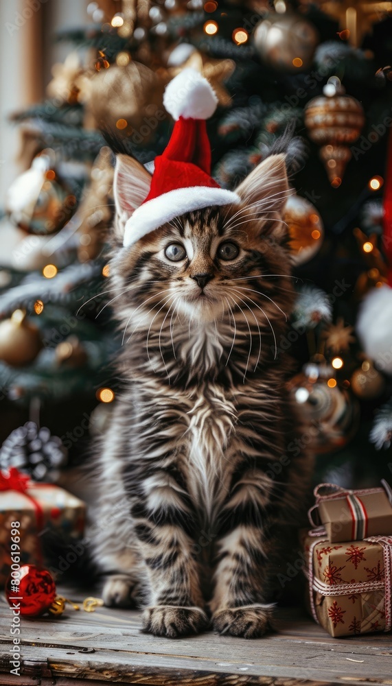 Felidae presents a Christmas ornament in front of a holiday tree Felidae presents a Christmas ornament in front of a holiday tree