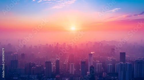 A city skyline with a beautiful sunset in the background. The sky is filled with clouds and the sun is setting  creating a warm and peaceful atmosphere