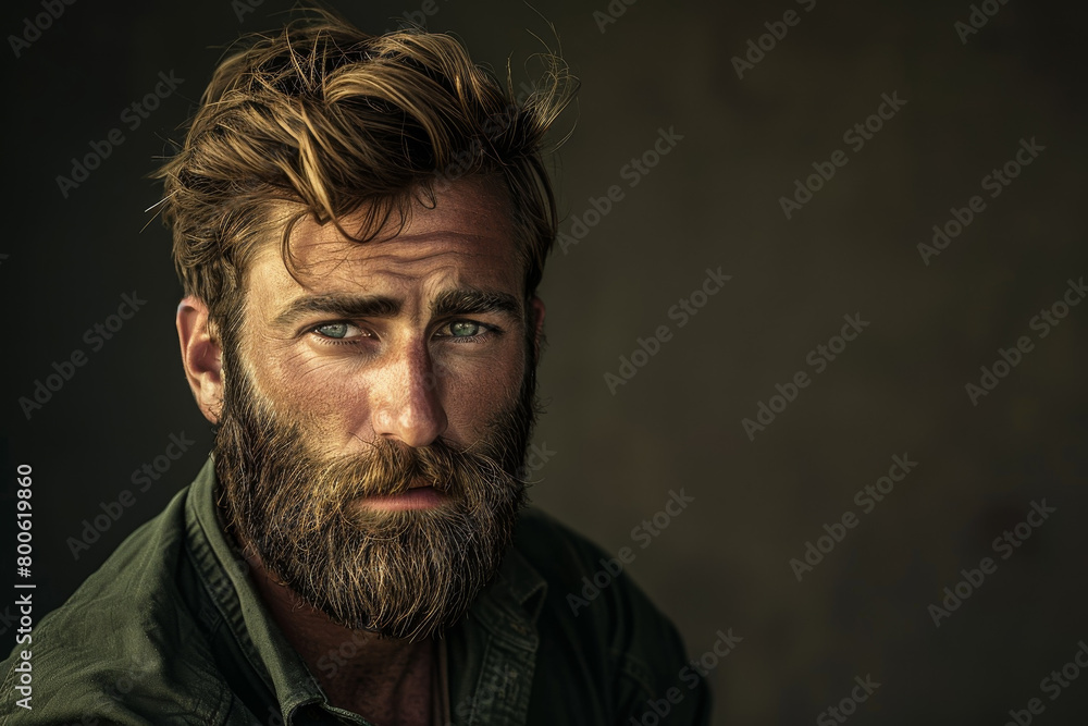 A man with a beard and a green shirt is looking at the camera A man with a beard and a green shirt is looking at the camera