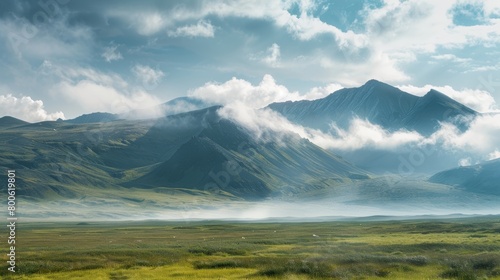 A mountain range with a cloudy sky and a foggy atmosphere. The mountains are covered in trees and the sky is filled with clouds
