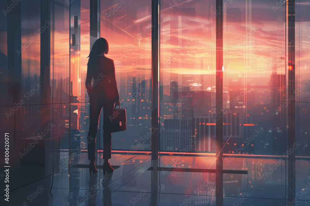 A woman standing in a modern office, looking out at the cityscape through the window