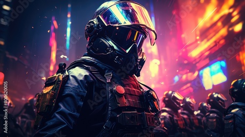 a photo riot police full of bright colors in the style of terror wave