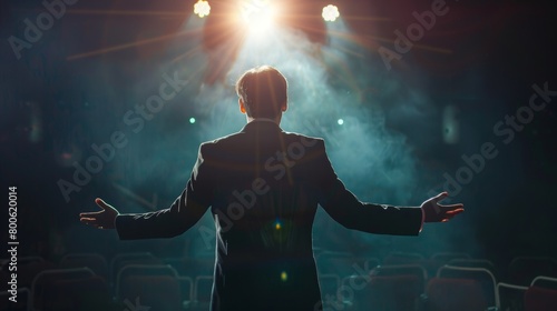 A man stands on a stage in front of a crowd of people. He is dressed in a suit and tie and he is giving a speech or performance. The audience is watching him intently, and the atmosphere is serious