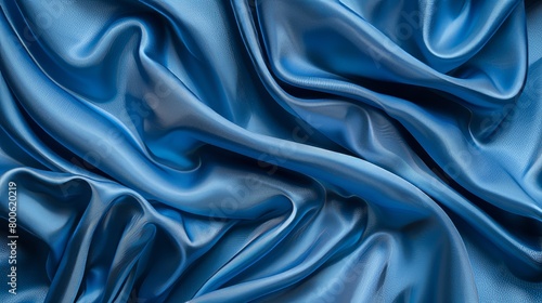 A blue fabric with a pattern of waves. The fabric is smooth and shiny. The blue color is vibrant and eye-catching