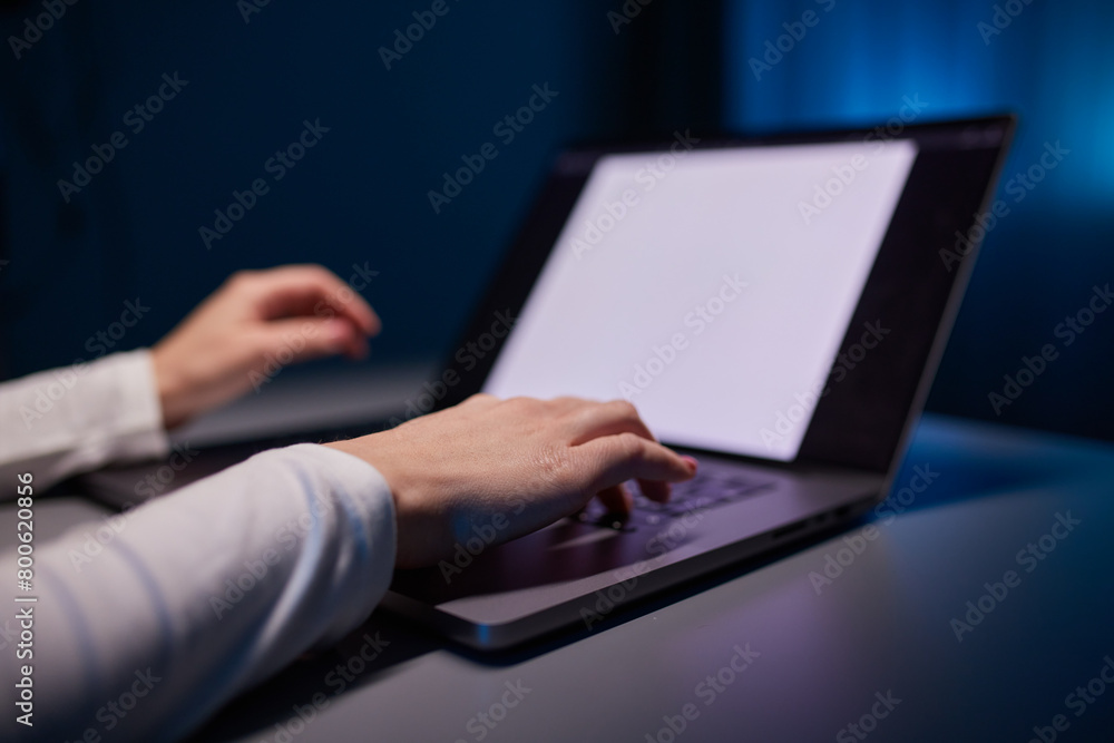 Close-up shot of female hands typing on laptop. Woman fingers tapping on computer keyboard. Work concept Close-up shot of female hands typing on laptop. Woman fingers tapping on computer keyboard. Work concept