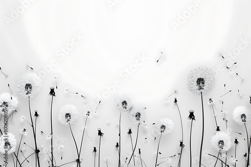 white dandelions on white background, minimalism style in flowers, card with copy space, floral wallpaper, bottom view photo