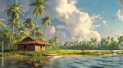 Kerala boat house palm trees landscape grass sky