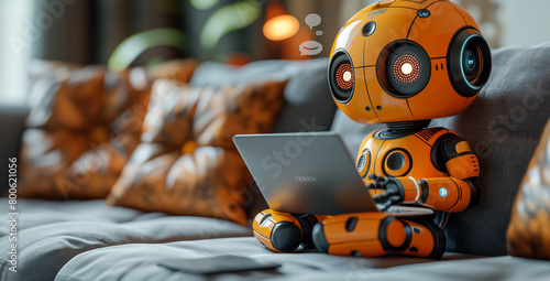 Vivacious orange robot using a laptop on a grey couch amongst colorful pillows, symbolizing tech in daily life photo