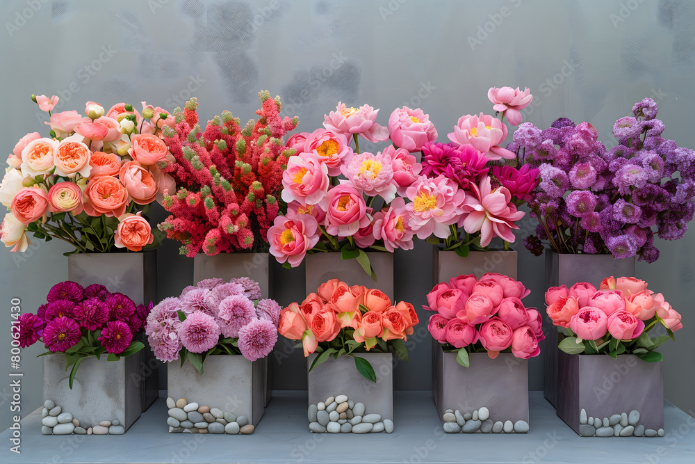 Fototapeta premium Colorful dahlia, pink roses and purple flowers in an organic rectangular ceramic vase on the table