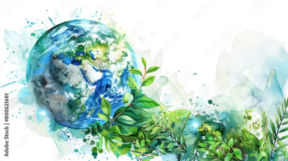 Global symbol: Earth globe nestled within a border of green leaves. Global symbol: Earth globe nestled within a border of green leaves.