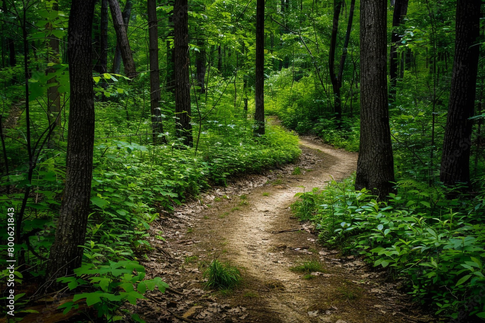 A winding trail through a dense green forest, inviting exploration. A winding trail through a dense green forest, inviting exploration.