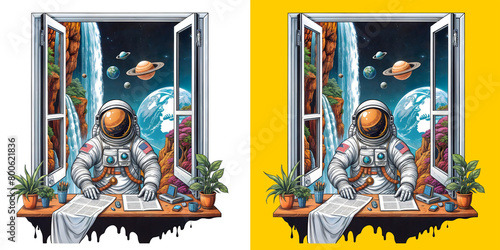 Astronaut reading a book in the window. Ready Design For DTF Print 