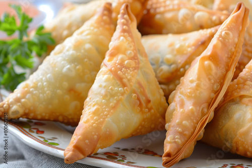 Delicious samosas, freshly fried to golden perfection, sitting enticingly on a plate ready to be served photo
