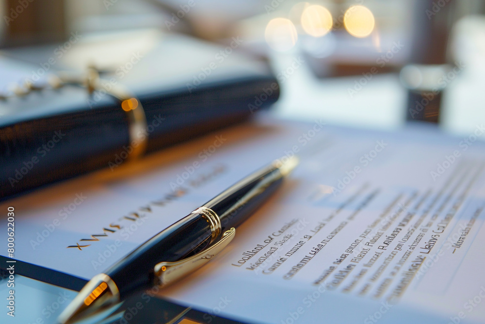 Macro shot of a summit agenda with topics on global economic strategies, luxury pen beside it Macro shot of a summit agenda with topics on global economic strategies, luxury pen beside it