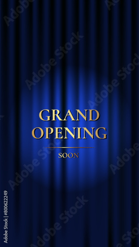 Grand Opening. Luxury vertical banner with blue curtain and golden text. Vector illustration