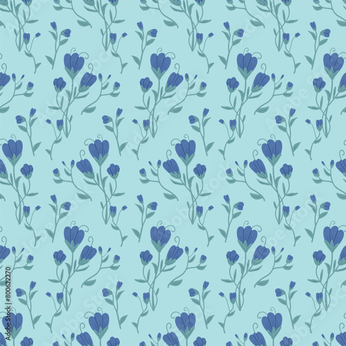 Blue wildflowers with leaves seamless pattern. Floral endless background. Flower loop tiled ornament Summer botanic repeat cover. Vector hand drawn illustration.