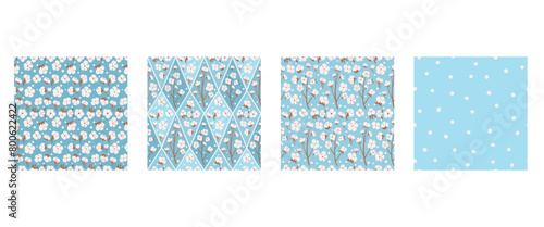 Cotton flowers and branches seamless patterns collection. Plant with ripe cotton bolls endless background set. Purity, innocence symbols repeat covers. Vector hand drawn blue illustration.