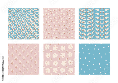 Cotton flowers seamless patterns collection. Branches and ripe cotton bolls endless background set. Purity, innocence symbols repeat covers. Vector hand drawn blue and pink illustration.