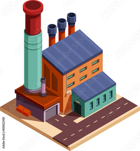 isometric cartoon factory with pipes and buildings, vector illustration