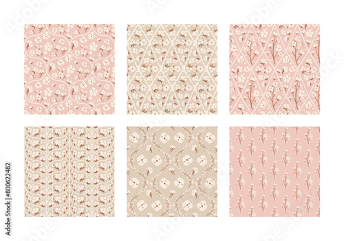 Cotton flower plant seamless patterns collection. Damask, rhombus and braid knit repeat covers. Vector flat hand drawn illustration.