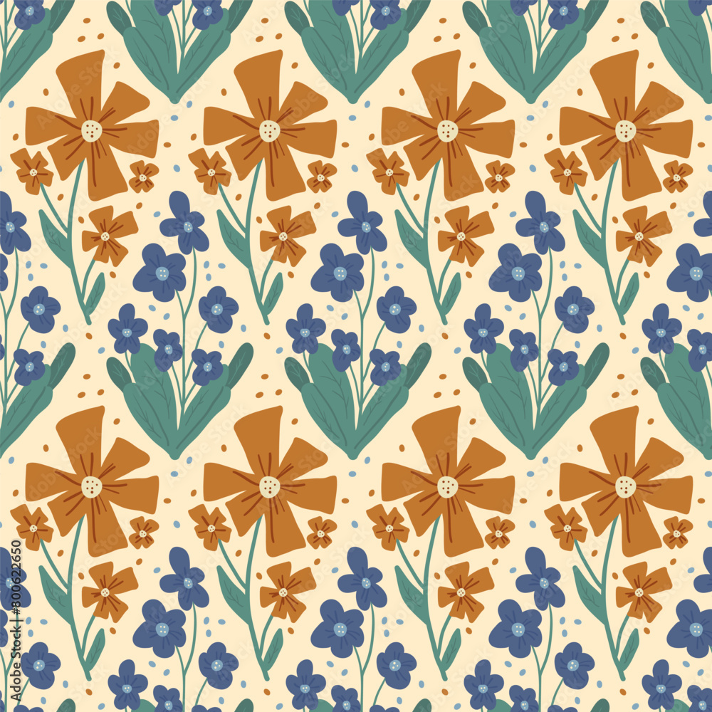 Fototapeta premium Retro flowers seamless pattern. Floral endless background. Wild flower ornament tile. Vintage botanic repeat cover. Vector hand drawn illustration.