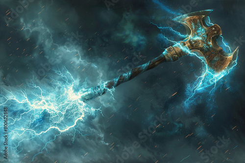 Lightning-charged stormcaller's battle axe, crackling with electrical energy. photo