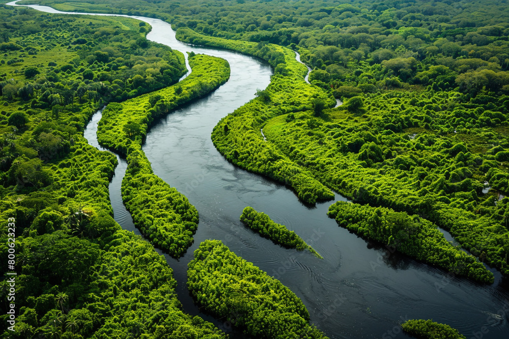 A winding river surrounded by lush green vegetation.
