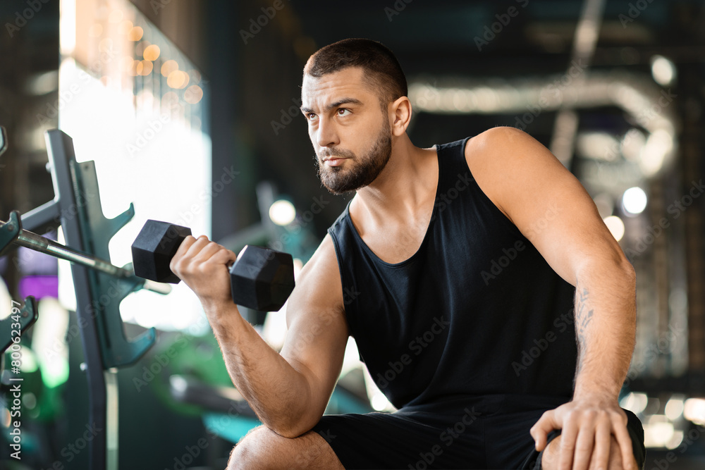 Man Squatting on Bench With Barbell at Gym Man Squatting on Bench With Barbell at Gym