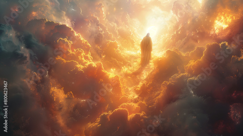 almighty god in the clouds. The resurrected Jesus Christ ascending to heaven above the bright light sky and clouds and God, Heaven and Second Coming concept