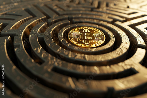 n imaginative 3D depiction of a Bitcoin labyrinth with a golden coin at its center 
