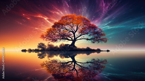 a image abstract fractal art of a tree overhanging a lake beautiful vibrant colors reflections