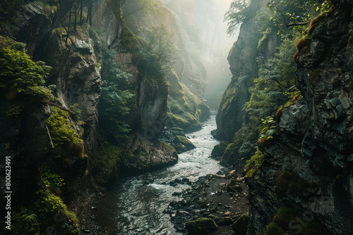 A winding river flowing through a rocky canyon  framed by lush greenery