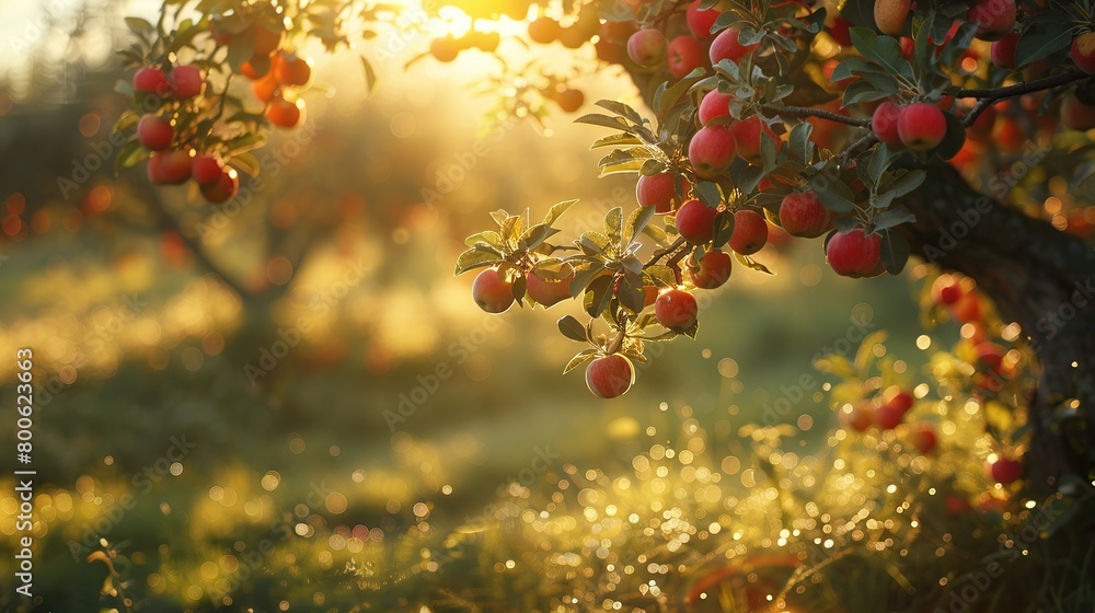 Apple tree in apple orchard, apple fruit on tree branch. Agriculture and harvest concept. Apple tree in apple orchard, apple fruit on tree branch. Agriculture and harvest concept.