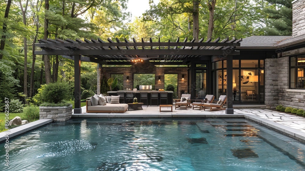 Backyard with swimming pool and living room and sofa under the pergola. Backyard with swimming pool and living room and sofa under the pergola.