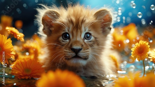 a photo tiny lion with orange daisy petals for his mane  macro lens focus on the lion   s head and daisy petals  surreal  playful  happy  colorful  water droplet details on the petals