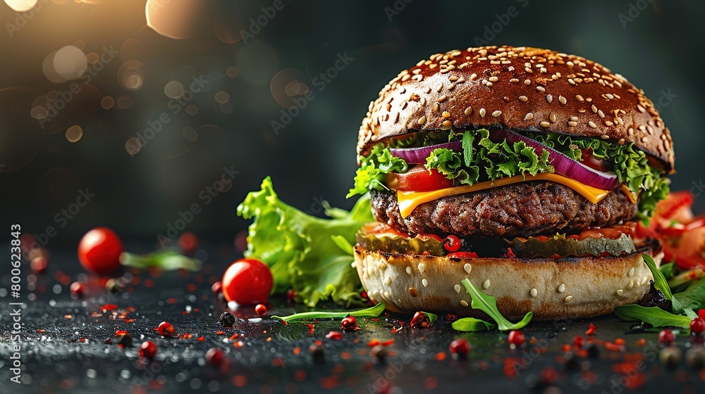 © MINHOO - Delicious fast food burger on a dark background for your fast food business flyer, banner or template. Space for add text © MINHOO - Delicious fast food burger on a dark background for your fast food business flyer, banner or template. Space for add text