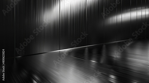 Abstract background of a black stainless steel metal plate with white glitter. Top view and flat lay space for text.