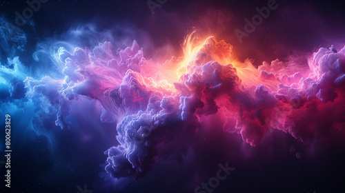 abstract display of vibrant clouds swirls against a stark black backdrop, captivating the viewer with its kaleidoscope of colors
