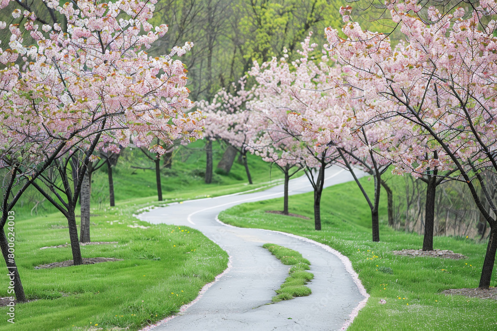 Naklejka premium A winding pathway lined with blooming cherry blossom trees