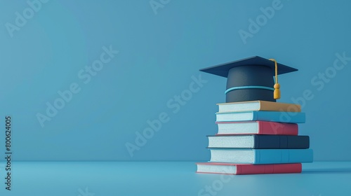 Pile of books with graduate hat isolated on light blue background. Educational concept. Space for add text.