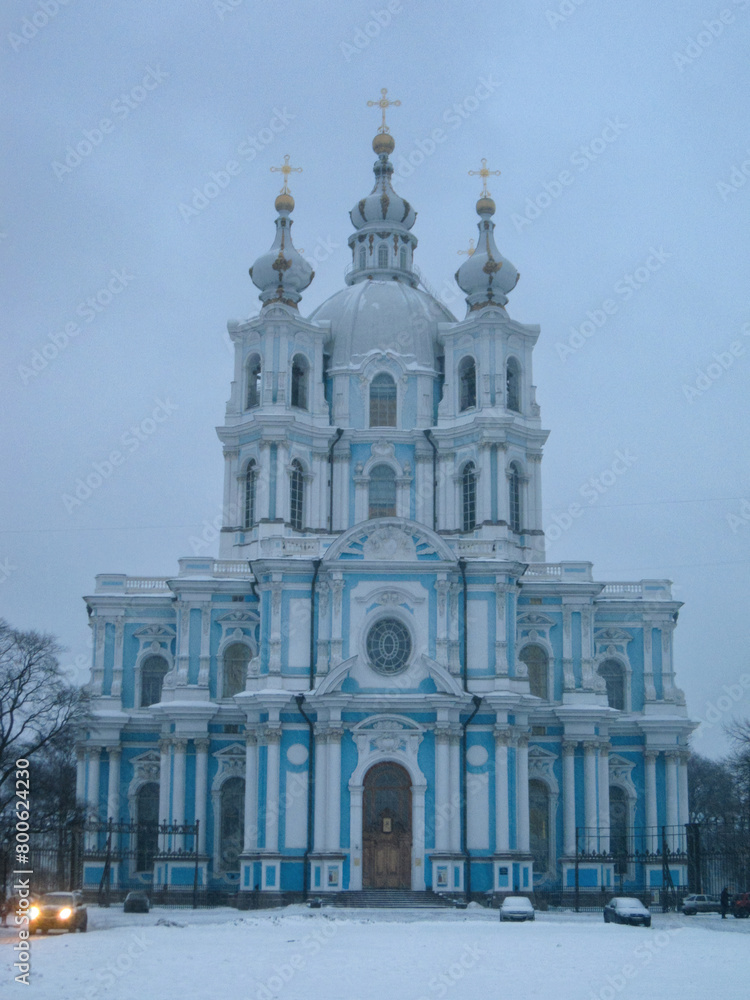 Snow falling on a church in Moscow. Russia during winter