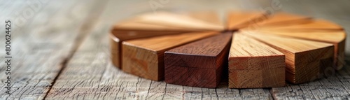 A pie chart from wooden blocks, divided into segments that show customer preferences or review ratings, emphasizing the division of opinions and trends, ample background space for text