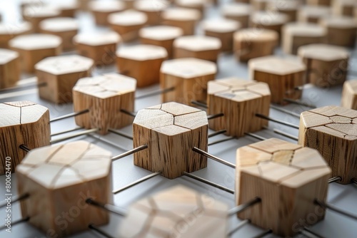 A network made from wooden blocks  each connection point representing a different user and their shared content  illustrating the interconnected community of customer reviewers