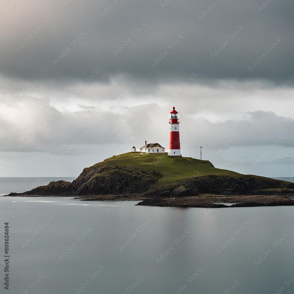 lighthouse on the coast on an island with grey clouds
