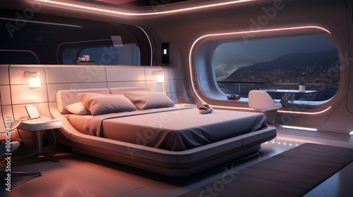 A picture futuristic bedroom with integrated smart home controls, adjustable lighting, and AI-powered sleep optimization